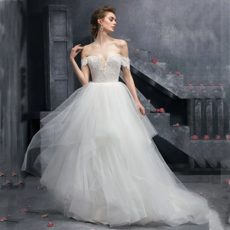 

Verngo Ball Gown Wedding Dress Appliques Tulle Princess Wedding Gowns Ivory Tiered Bride Dress Vestidos De Novia
