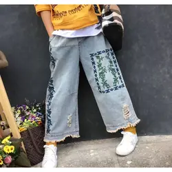 Женские широкие брюки джинсы с кроем для женщин джинсовые брюки с вышивкой отверстия большие свободные винтажные повседневные Модные для