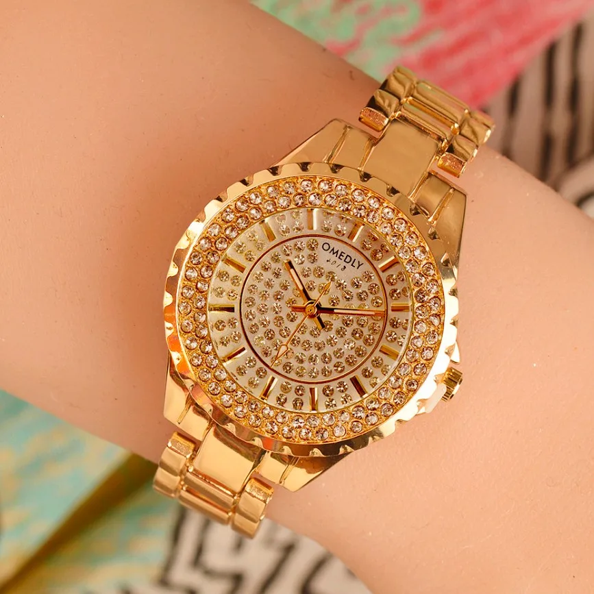 OMEDLY luxury brand women full Rhinestone Watches vintage retro bling