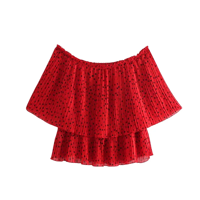 

Summer Women Dot Tops Elegant Short Butterfly Sleeve Casual Printed Ruffles Blouse Female Strapless Shoulder Slash Neck Shirts