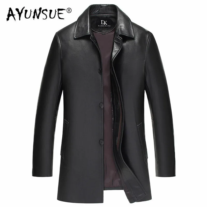 

AYUNSUE 2019 Spring Autumn Long Genuine Leather Jacket Men's Windbreaker Slim Leather Jackets Men 100%Sheepskin Coat 81Y15 YY259