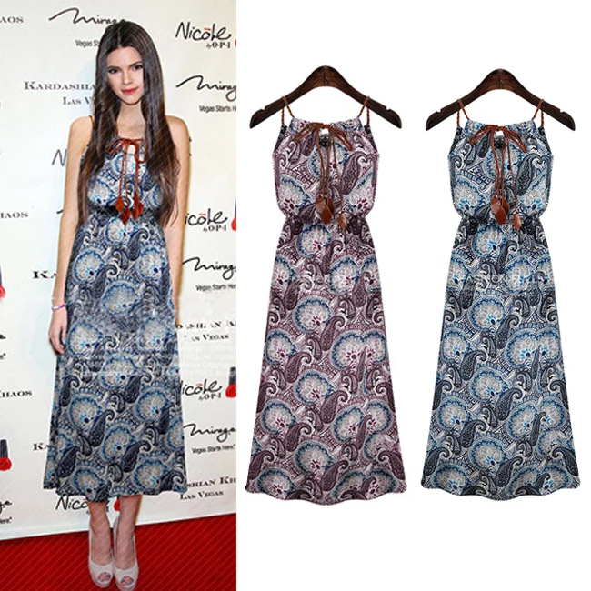 New Summer Fashion Vintage Long Chiffon Maxi Dress 2014 Veatidos Women Slash Neck Sleeveless Floral Beach Boho Bohomian | Женская одежда