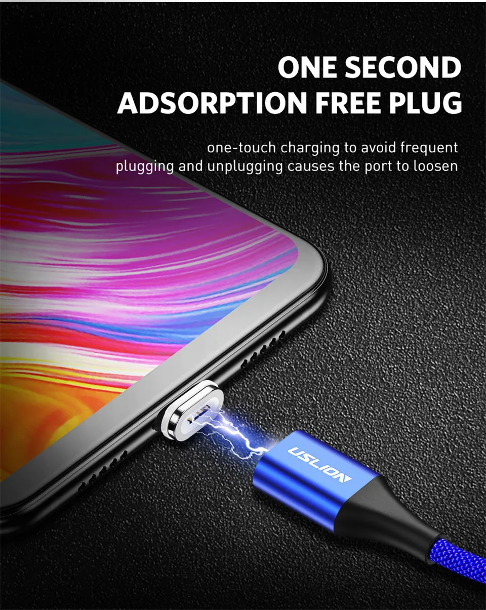 USLION Магнитный USB кабель Micro usb type C кабель для iPhone samsung S10 Plus 3A Быстрая зарядка магнит зарядное устройство кабели для мобильных телефонов