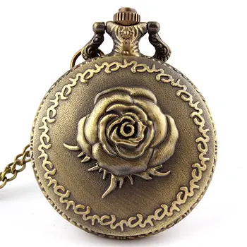 

Antique Bronze Rose Love Quartz Pocket Watch Necklace Pendant Men Gift P120