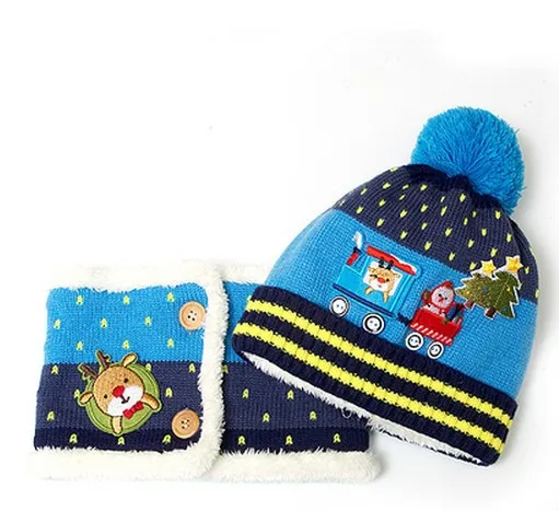 Вязаная крючком Детская шапка и шейный шарф, осенне-зимний Рождественский узор, шерстяная шапка для маленьких мальчиков и девочек, мягкая и теплая шапка - Цвет: Blue