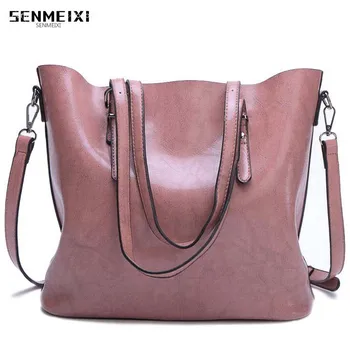 

2018 New Retro oil wax Genuine leather bags for women big capacity lady shoulder/Messenger/ handbag fashion women big Bucket bag