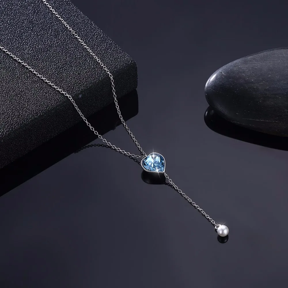

INALIS Fashion Fresh 925 Sterling Silver Heart Shape Light Blue Natural Austrian Crystal with Single Pearl Pendant Jewelry