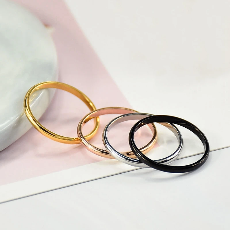 Simple 2MM Thin Titanium Steel 4 Color Couple Ring Simple Fashion Rose Gold Silver Finger Ring For Women Wedding Party Jewelry