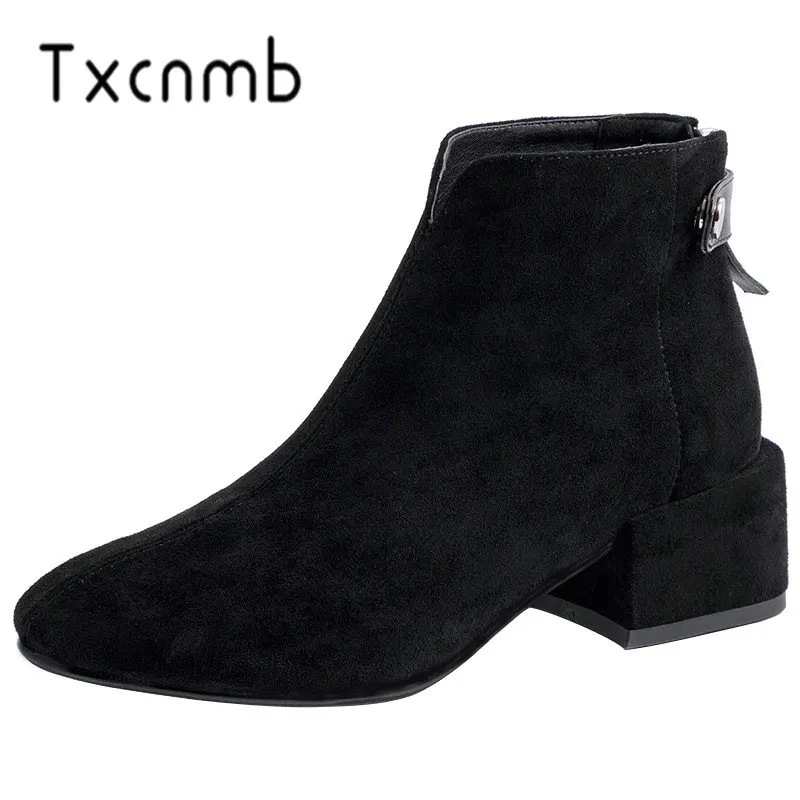 

TXCNMB Fashion Women Ankle Boots Cow Suede High Heels Shoes Round Toe Elegant Office Lady Autumn Winter Warm Shoes Woman