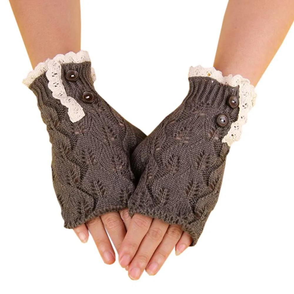 

2019 # FASHION Knitted Button Hollow Out Leaf Warm Lace Gloves