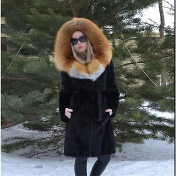 

FURSARCAR Plus Size 2019 Luxury Black Real Mink Fur Jacket Women Fashion Winter Mink Fur With Large Gold Fox Fur Hooded Collar