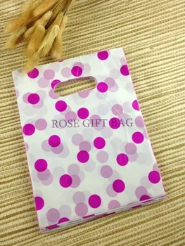 

100pcs/lot Hot Pink Round Dots White Plastic Shopping Bags With Handle,Jewelry Gift Packaging Plastic Carrier Bags 15x20cm