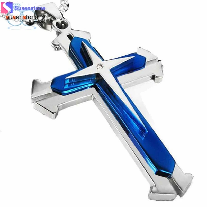 

SUSENSTONE Unisex Men Stainless Steel Cross Pendant Necklace Chain #6-7