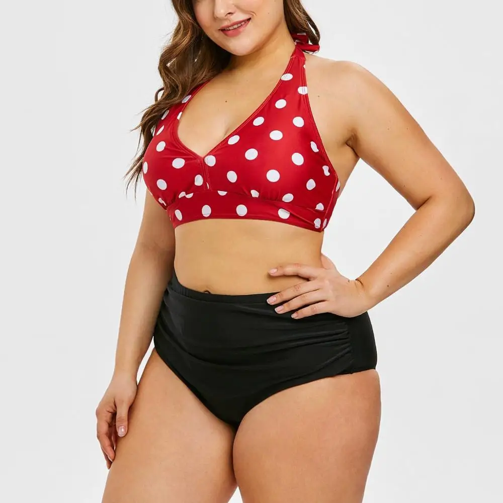 2019 Women swimwear Summer Plus Size maternity Ladies large Wave Dot Print Hanging Neck Straps Split Swimsuit A1 |