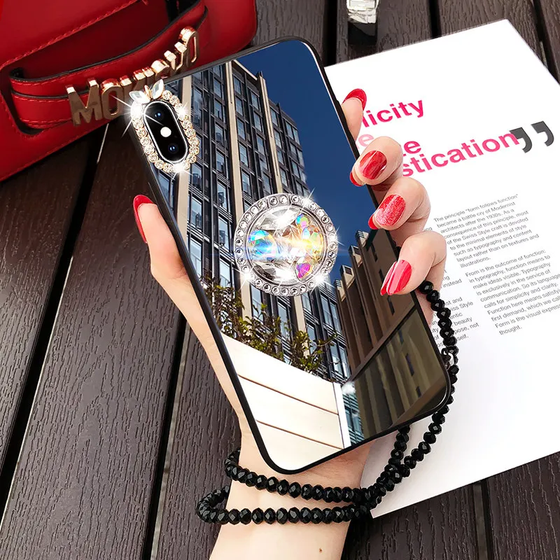 

Mirror Rhinestone Makeup Women Case For iPhone 7 8 6S Plus for iPhone X XR Xs Max 11 Pro Glitter Diamond Finger Ring With Strap