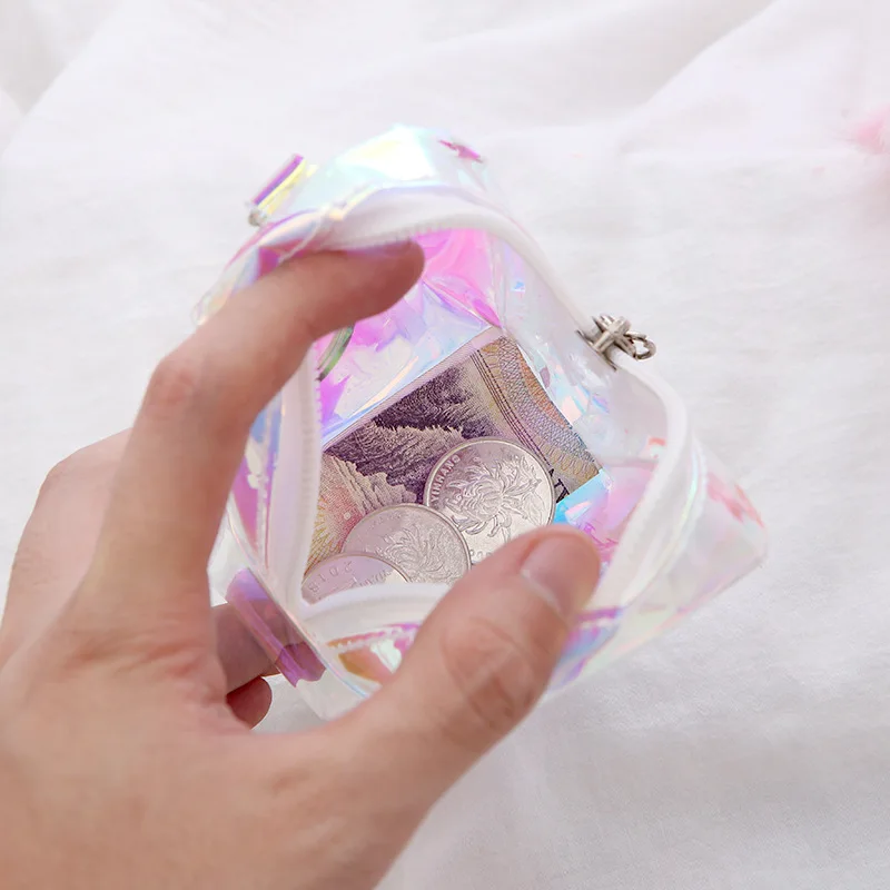 Random Color Flash Star Coin Purse Laser Small Bag Holographic Women PVC Clear Handbag Girls Card Holder For Kids Purse Keychain