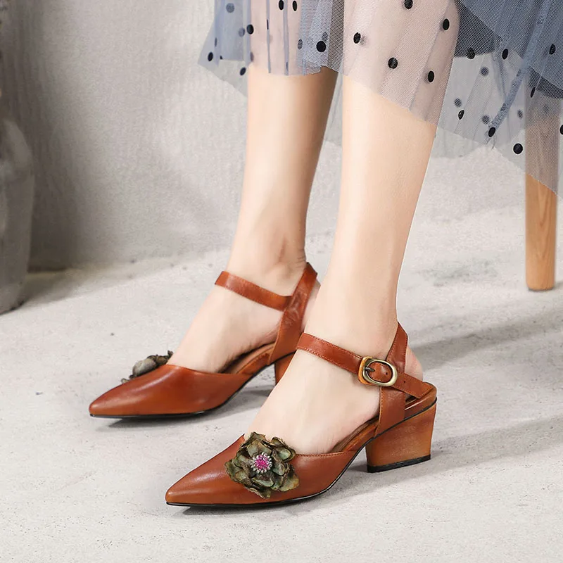 

2019 Pointed Toes Shoes Woman Sandals Genuine Leather Flower Handmade Ankle Strap High Block Heel Lady Pumps Shoes