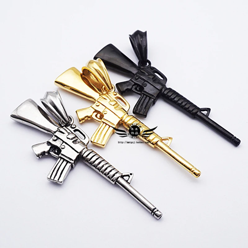 

Trendy Ttanium Steel Good Golden AK-47 Rifle Machine Gun Pistol Pendant Army Charm Necklaces Women Men's Jewelry Gift