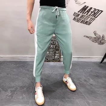 

Pantalones Hombre Couple Pants Men Vintage Fashion Casual Straight Plaid Pant Male Streetwear Elastic Waist Design Harem Pant