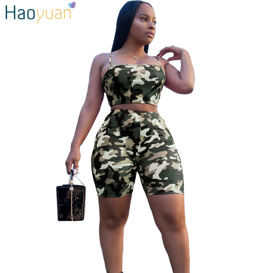 

HAOYUAN Camouflage Two Piece Set Festival Crop Top and Biker Shorts Plus Size Sweat Suit Tracksuit 2 Piece Outfits for Women