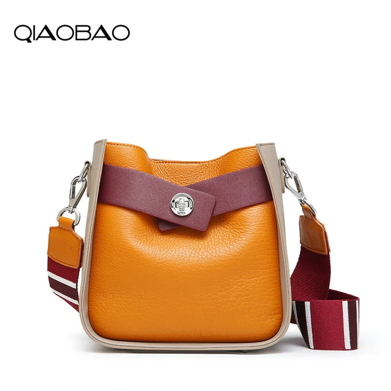 

QIAOBAO Genuine Leather handbags new Panelled version of the first layer of leather wild Messenger bag wide shoulder bags