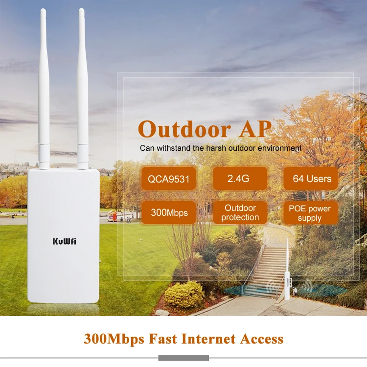 Repetidor de Ponto de Acesso 300mbps sem Fio Cpe sem Fio de 1 a 2km ao ar Ponte de Rede com 48v Kuwfi-roteador Wi-fi Roteador Livre Poe 1 Roteadores sem fio