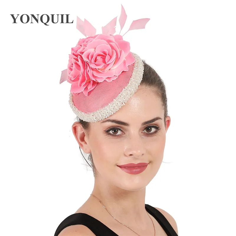 

Vintage New elegant rose flower fascinator party dinner hats with peals headwear hats women occasion church event headpiece