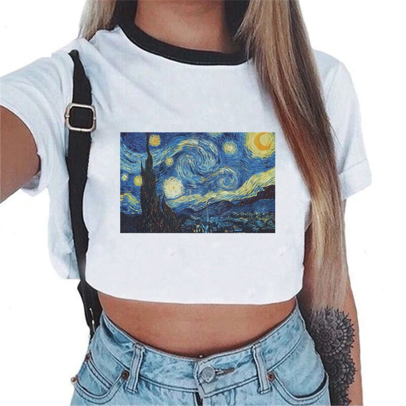 

CDJLFH Crop Top T Shirt Women Tee Vogue Van Gogh Print Casual Harajuku Style Girls Short Sleeve Tshirt