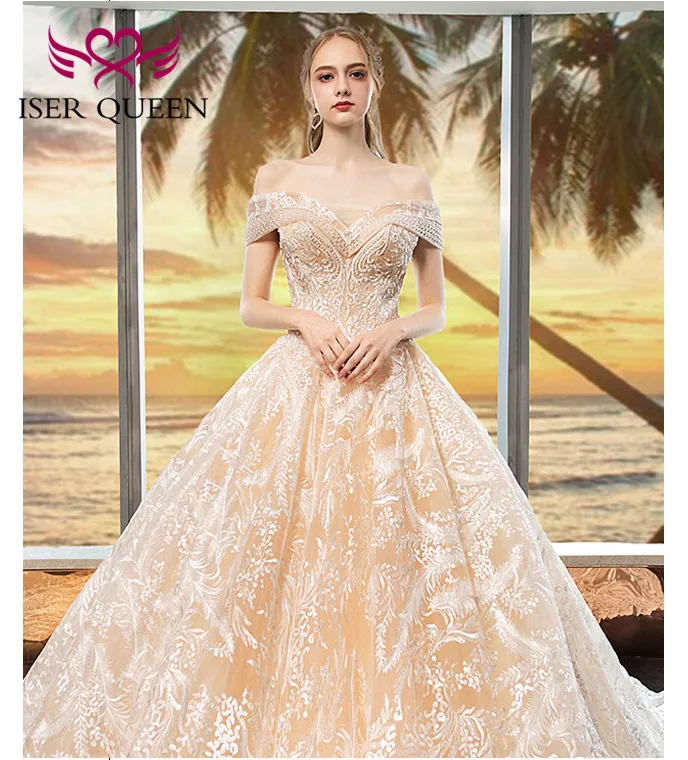 Роскошное вышитое свадебное платье с рукавами-крылышками цвета шампань с бусинами, кружевные свадебные платья, бальное платье на шнуровке с большим шлейфом WX0020