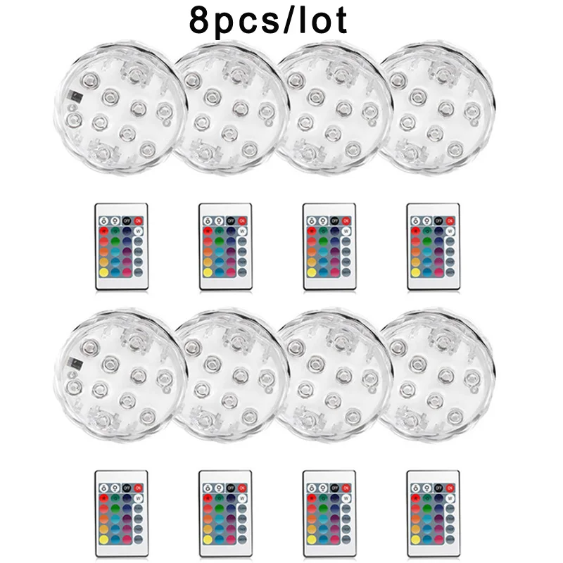 Подводный светодиодный светильник, погружной, IP68, водонепроницаемый, на батарейках, с дистанционным управлением, многоцветный, 10 светодиодный, RGB, ночной Светильник для бассейна - Испускаемый цвет: 8pcs