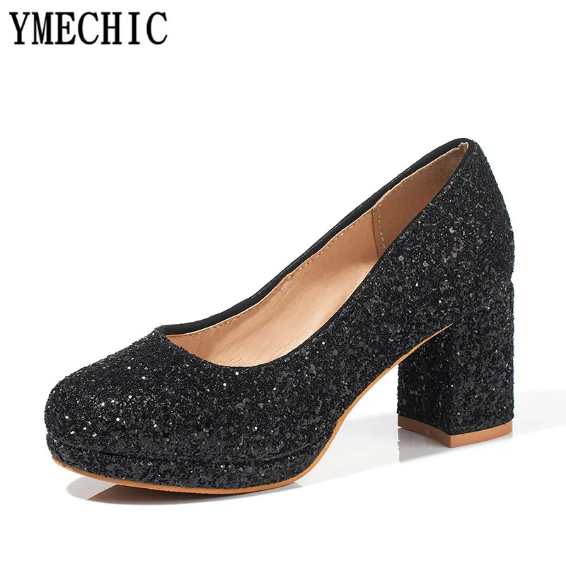 YMECHIC 2018 модные блестящие туфли лодочки без застежек на массивном высоком каблуке