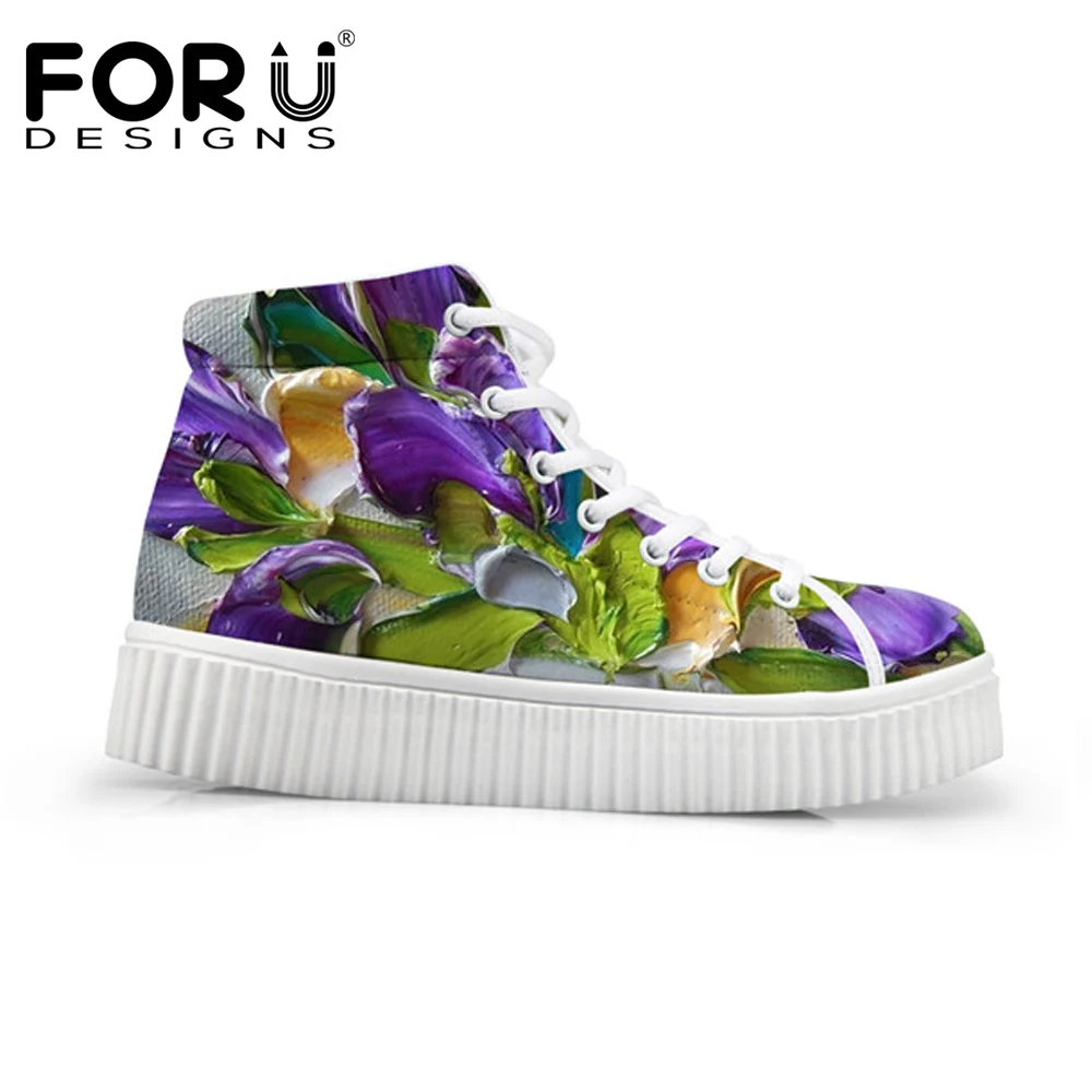 

FORUDESIGNS Floral Style Women High Top Casual Shoes 3D Flower Printing Women's Height Increasing Platform Shoes for Ladies Flat