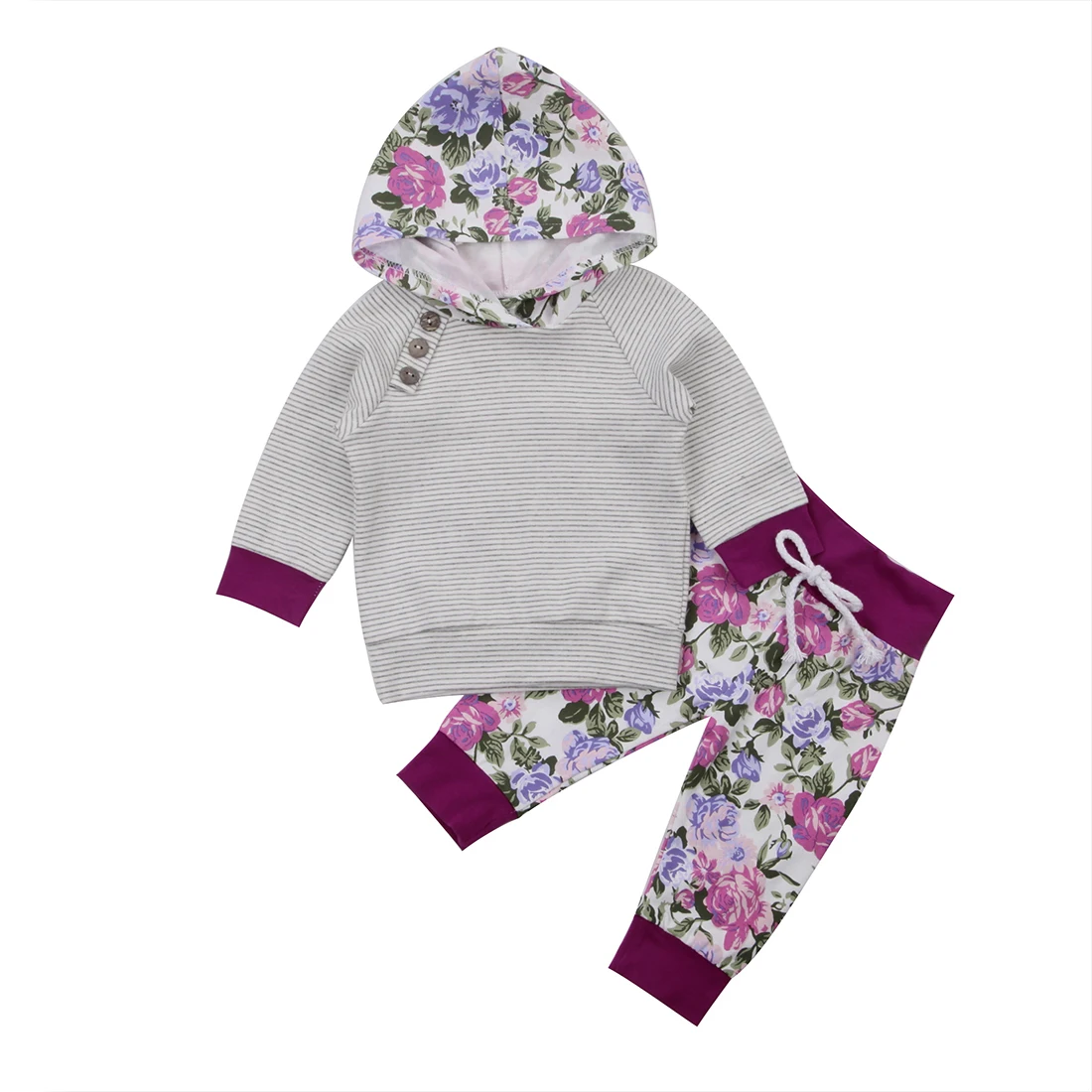 Pudcoco 0-24M Newborn Kids Outfit Baby Boy Girl Clothes Hoodie gRAY Striped T-shirt Tops+Floral Pants Gift Sets Hooded | Детская одежда