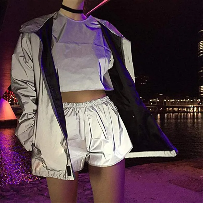 

hirigin New Women's Loose Reflective Shorts Ladies Fashion High Waist Female Casual Slim Hot Night Club Party Wear Trousers