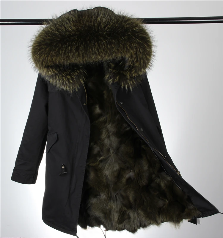 Зимняя куртка брендовый стиль черный большой енот меховой воротник пальто парки верхняя одежда длинный съемный лисий мех подкладка с капюшоном