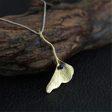 Diseño Colgante de Piedra Natural de Ginkgo Hoja de loto Única Diversión 925-Sterling-Silver Real Hecho A Mano Joyería de Las Mujeres de Moda