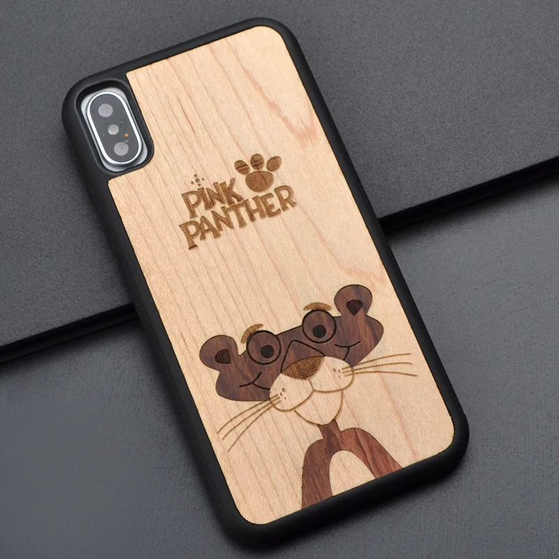

For Iphone 6 s 7 8 plus X Animal pink panther real Wood Phone Case Original Handmade For Huawei P10 plus wooden cover