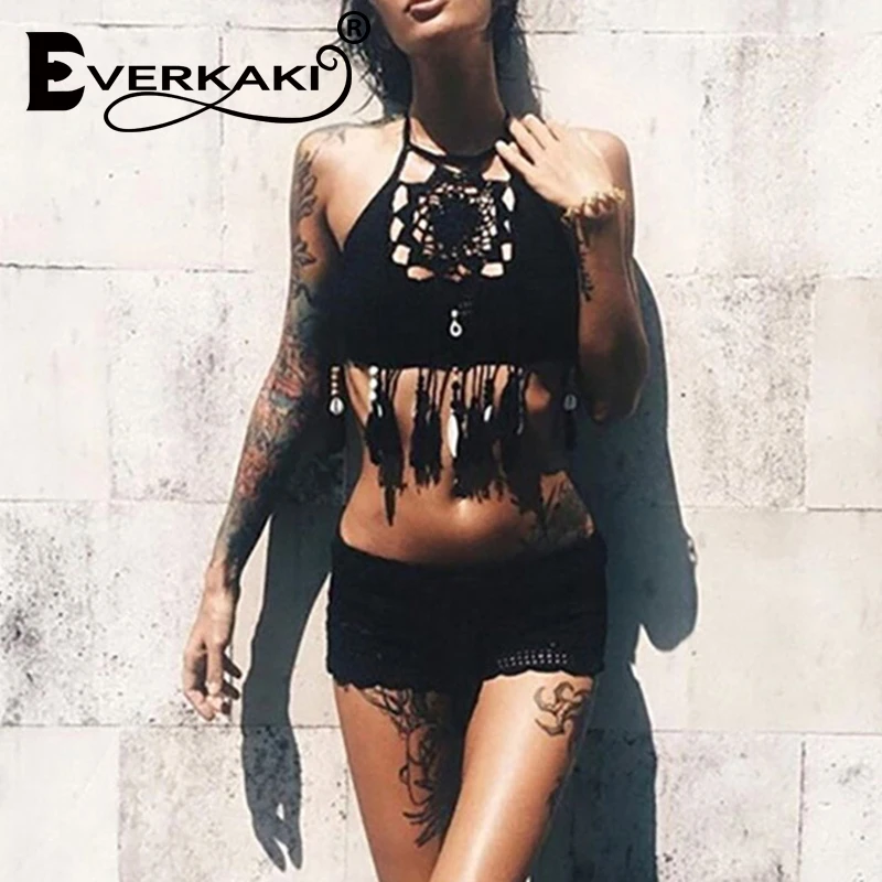 Everkaki 2019 tassel Hollow knitting Swimsuit female Bikini set Bohemia Women bathing costume Sexy ladies Tankini swimwear women Everkaki 2019 tassel Hollow knitting Swimsuit female Bikini set Bohemia Women bathing costume Sexy ladies Tankini swimwear women