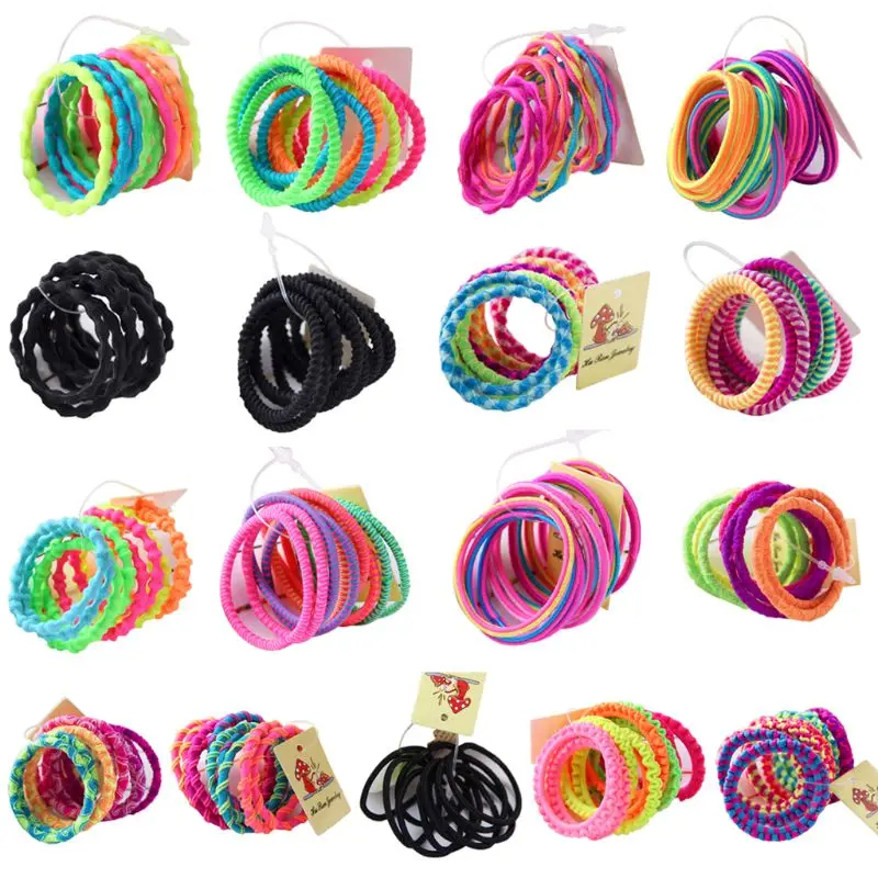 

10Pcs Children Girls Elastic Rubber Band Fluorescent Colorful Hair Rope Wavy Spiral Lumpy Design High Elasticity Ponytail Holder