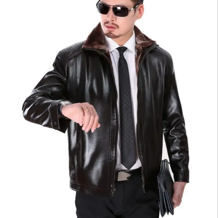 S-3xl Autumn And Winter Men's New Fur Collar One Leather Middle-aged Jacket Sheep Daddy Plus Velvet | Мужская одежда