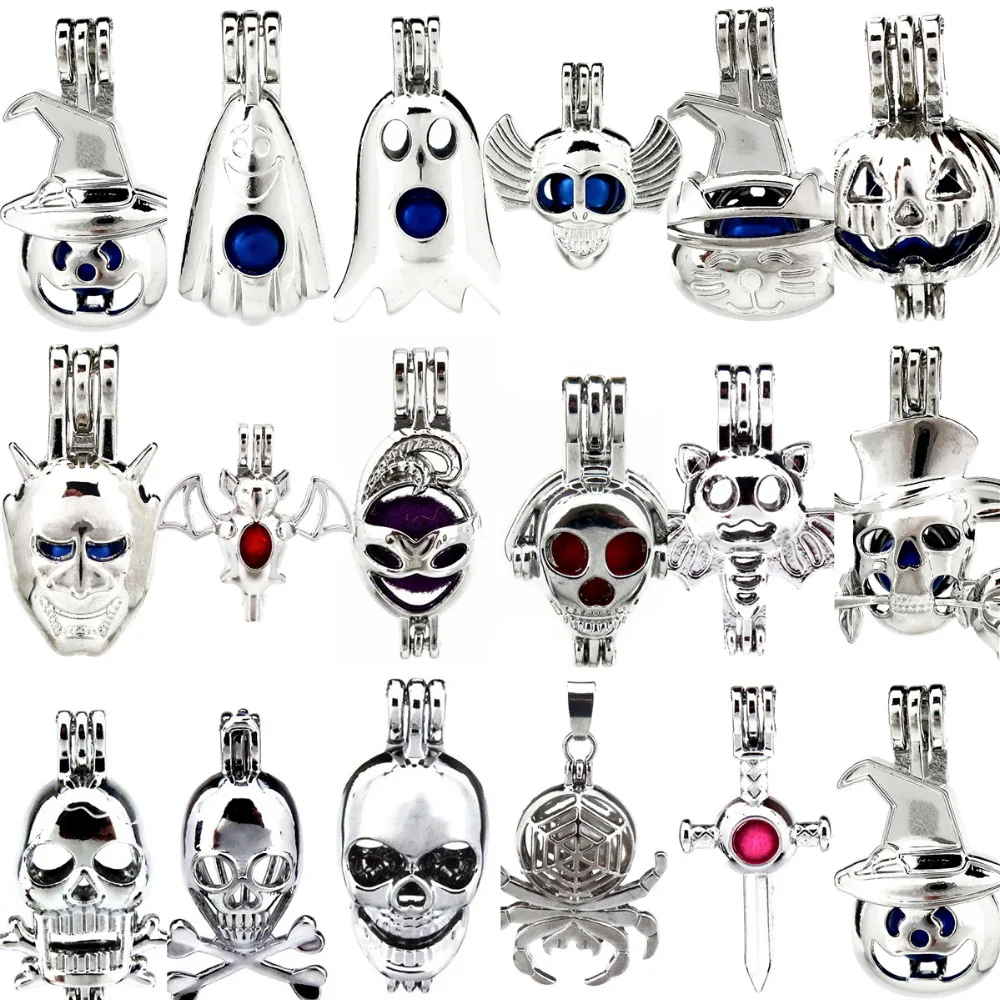 

17pcs/lot Silver Mix Halloween Theme Punk Skull Pearl Beads Cage Pendant Locket Fairytale Party Essential Oil Diffuser DIY