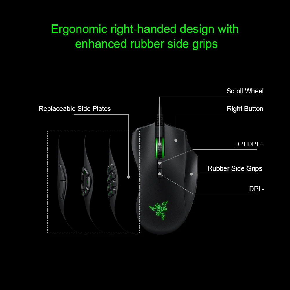 Razer Naga Gaming Mouse Wired Mice 16000 DPI Optical Sensor Chroma RGB Lighting Replaceable Side Pl