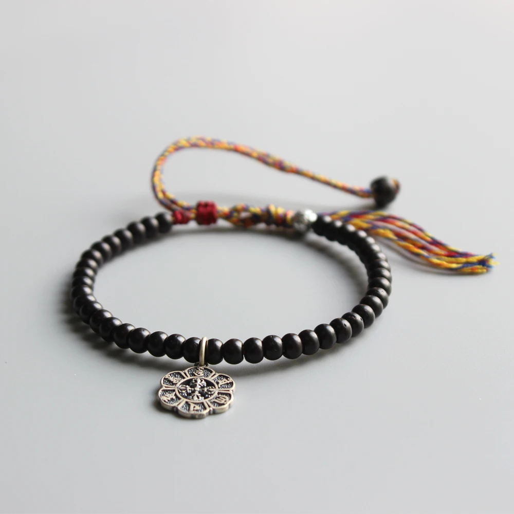 Online 2019 natürliche Coconut Shell Perlen Einfache Armband Mit Sechs Wahre Mantra Wörter Charme Tibetischen Lama Handgemachte Glück Knoten Armreif