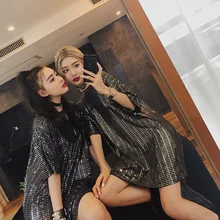 Единорог Kpop Real Solid o-образным вырезом корейский летний чистый цвет блесток лед длинный отрезок круглый вырез Футболка рукав свободный женский