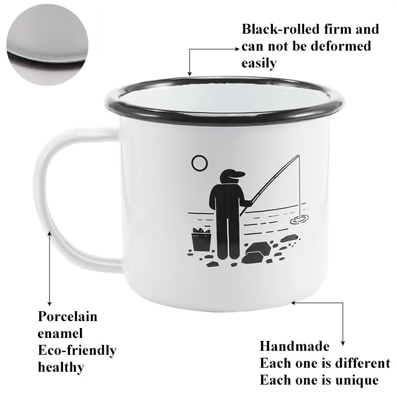 Простой черный край эмалированная чашка, рыбалка шаблон молока кружка, кофейный для дома и офиса чашки