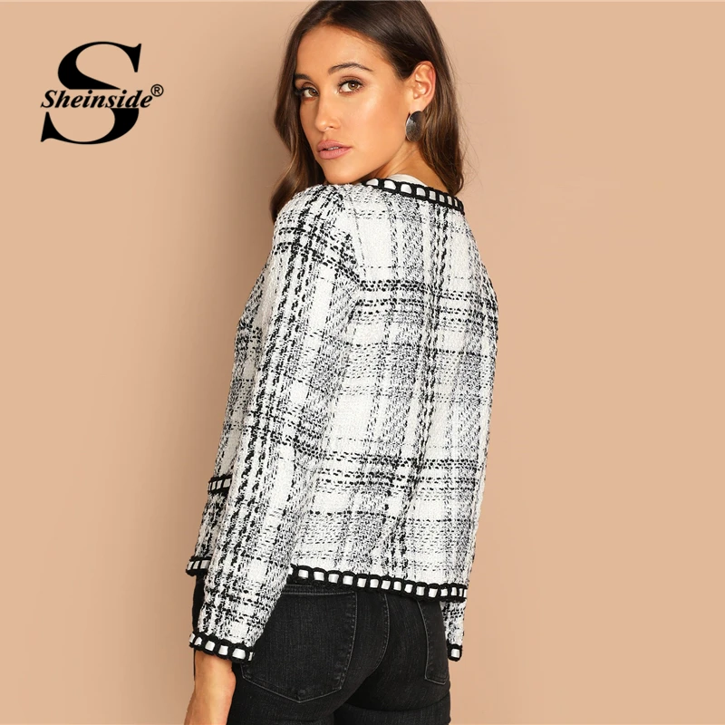 Best  Sheinside Tie Neck Whipstitch Detail Tweed Coat Women Autumn Jacket Black and White Elegant Outerwe