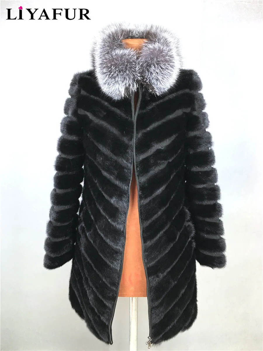 Женская Шуба из натурального меха норки с воротником лисьего меха|real mink fur coat|mink