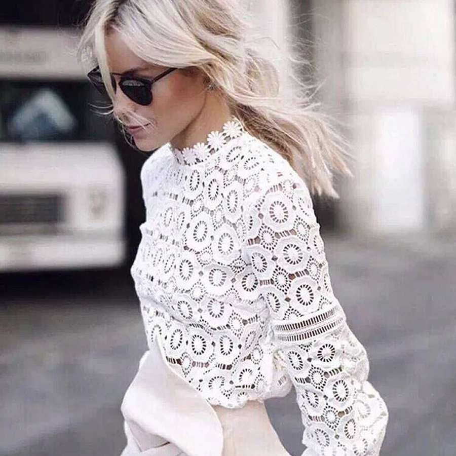 

2018 Elegant White Women Blouse Patchwork Stand Collar Weekend Work Casual Mock Neck Smock Solid Lace Summer Tops