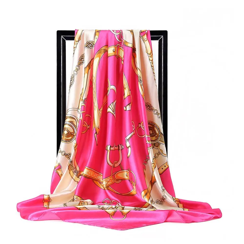 Silk Scarves for Women Print Foulard Satin Square Head Hijab Scarfs For Ladies Luxury Brand Shawls 90*90 Bandana Large Scarf |