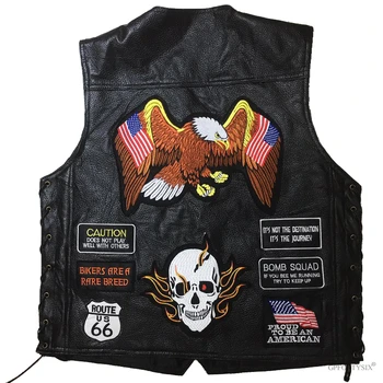 Motorcycle Vest Leather Men Embroidered Waistcoat With 23 Patches US Flag Eagle Biker Vests High Quality Sheepskin 1